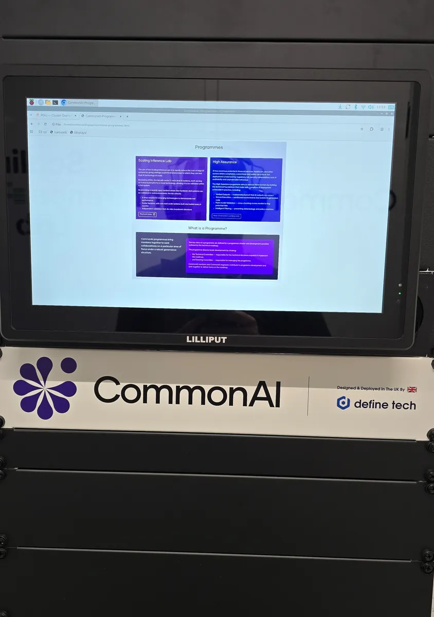 Lilliput 15 inch touch screen monitor mounted in a CommonAI data centre rack