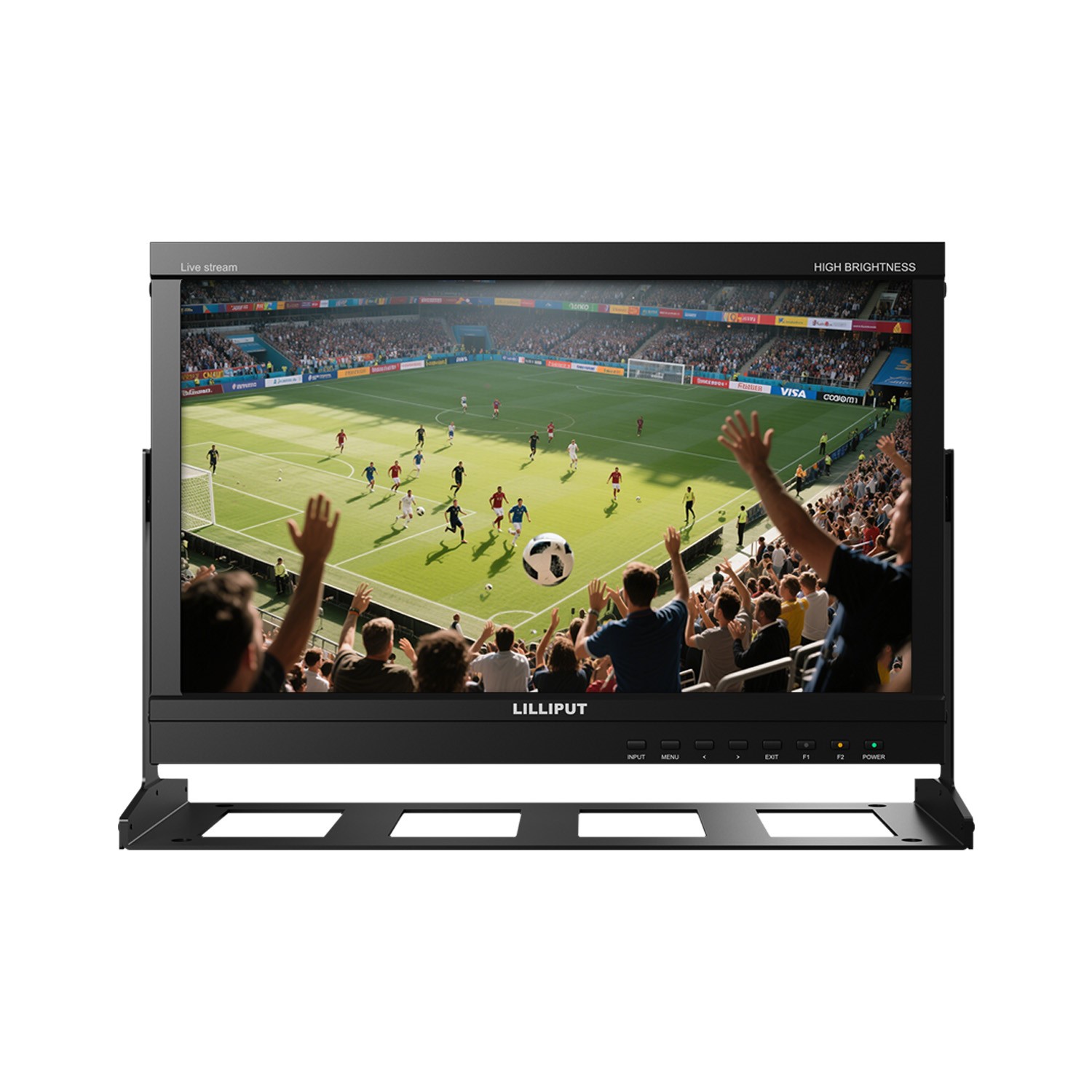 PVM160S-E front view on a desktop stand, showing a football match on a high-brightness screen