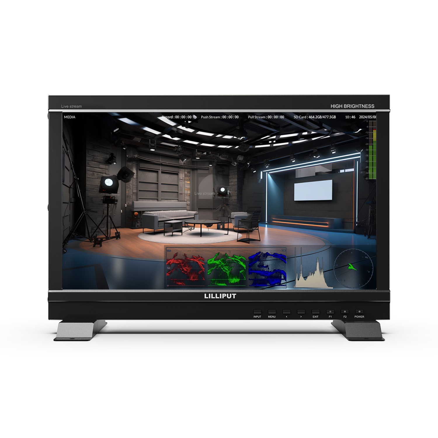 Lilliput PVM160S-E high-brightness monitor with waveform, vectorscope and recording overlays