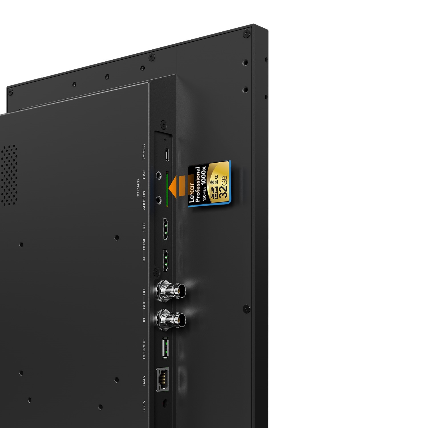 Lilliput PVM160S-E rear I/O with HDMI, 3G-SDI loop-through, RJ45 and SD card slot