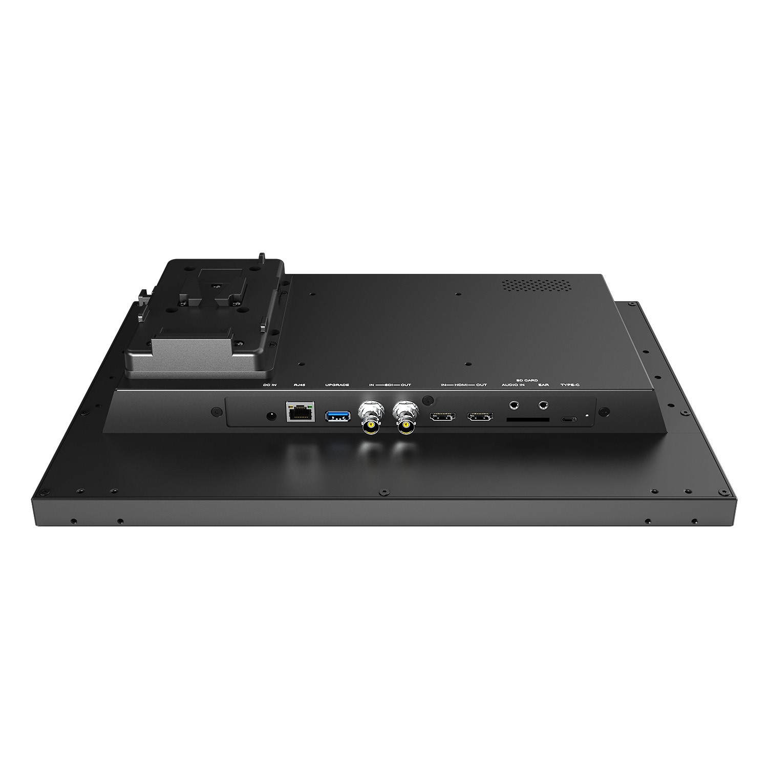 Lilliput PVM160S-E rear view showing VESA 75 mounting and offset battery plate