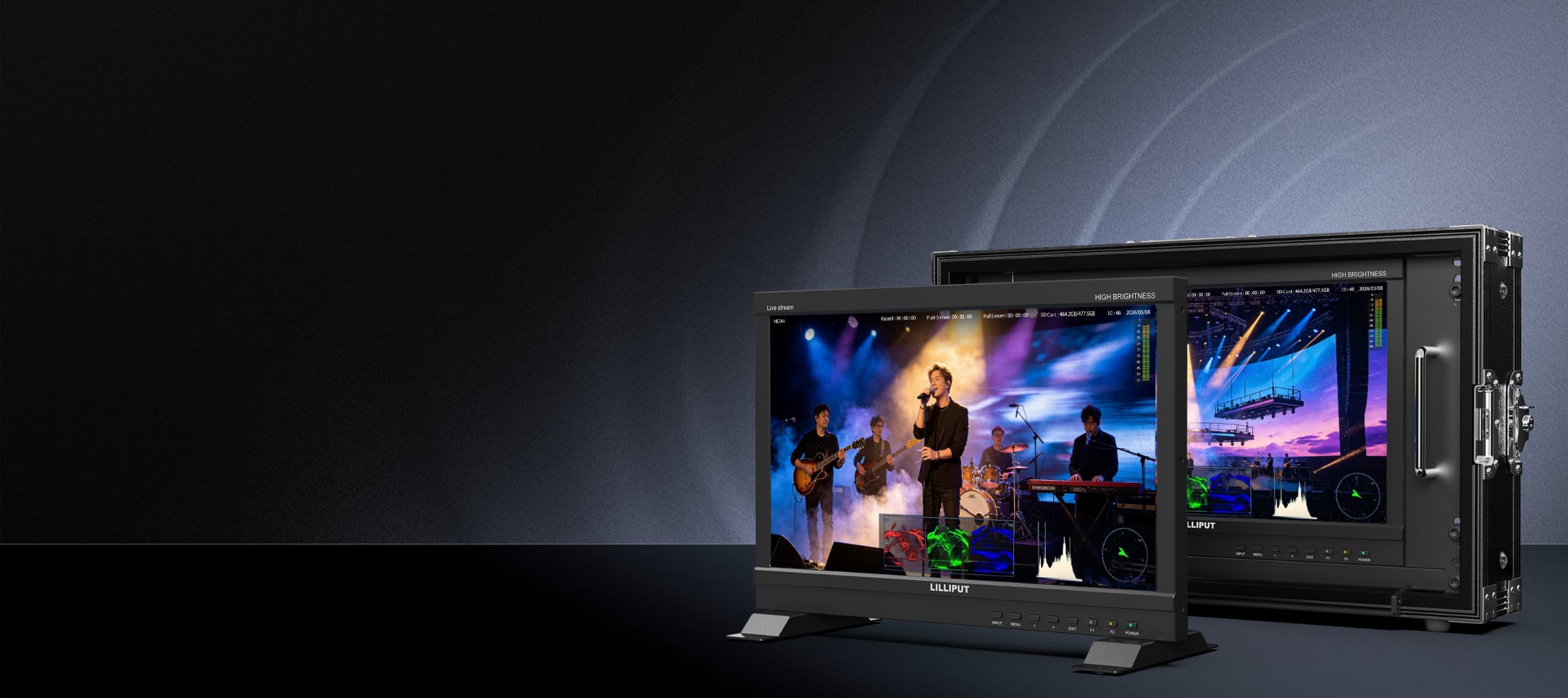 PVM160S-E on desktop feet and in a flight case, both displaying a live concert with monitoring overlays