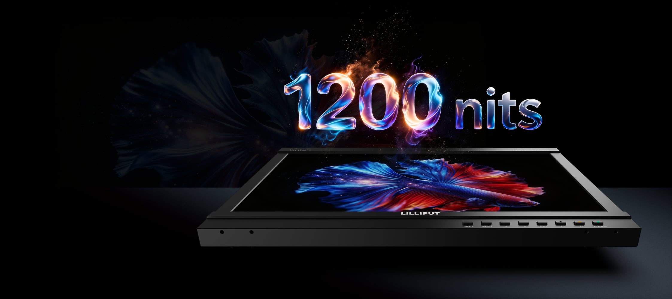 PVM160S-E high-brightness panel with a 1200 nits graphic above a colourful fish-tail image
