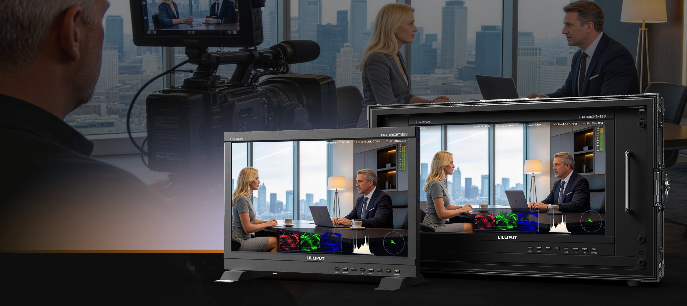 PVM160S-E on desktop feet beside a second unit in a flight case, with a broadcast camera and meeting room behind