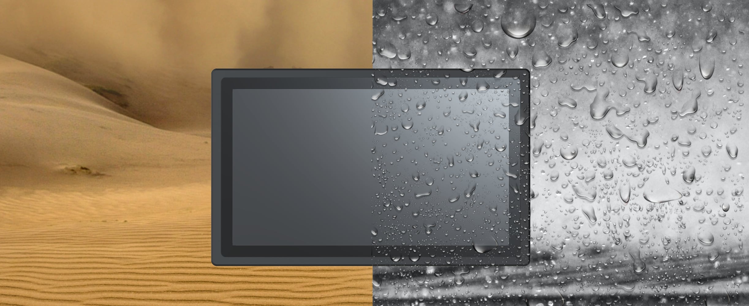 TK2150 monitor shown in desert heat and wet industrial conditions
